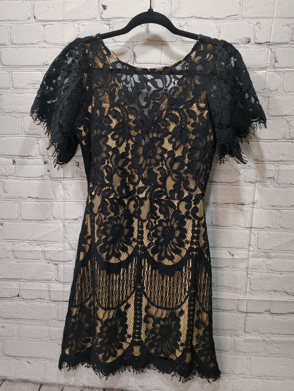 Lulu's Black Lace Mini Dress with Nude Lining